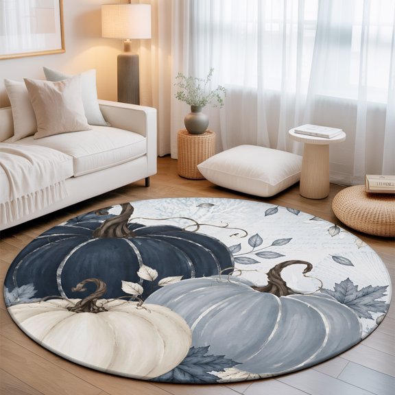 Thanksgiving 7' Round Rugs for Living Room Conversation Area, Fall Retro Dark Blue Beige Pumpkin Leaf Damask Pattern Washable Non Slip Large Circle Area Rug Under Dining Table