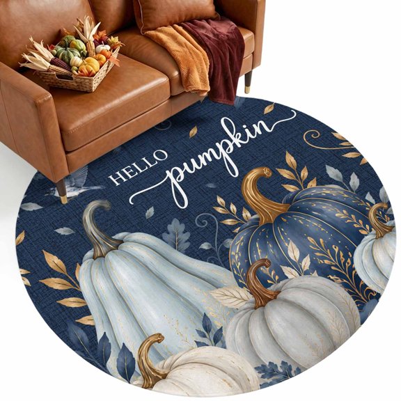 Thanksgiving 7' Round Rugs for Living Room Conversation Area, Fall White Blue Pumpkin Gold Leaf Rustic Deep Navy Washable Non Slip Large Circle Area Rug Under Dining Table