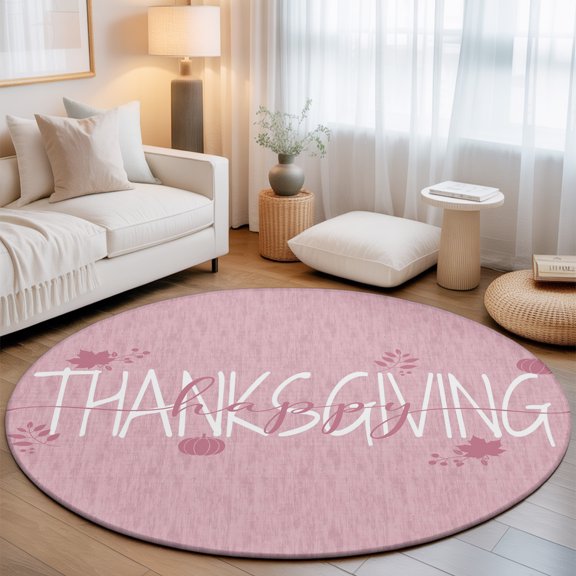 Thanksgiving 7' Round Rugs for Living Room Conversation Area, Happy Thanksgiving Script Pink Backdrop Pumpkin Leaf Washable Non Slip Large Circle Area Rug Under Dining Table
