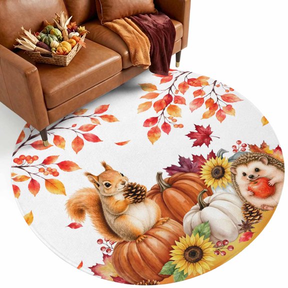 Thanksgiving 8' Round Rugs for Open Concept Living Room Seating Zone, Fall Sitting Squirrel Hedgehog Orange Pumpkins Floower Washable Non Slip Mats Large Circle Lounge Area Area Rug
