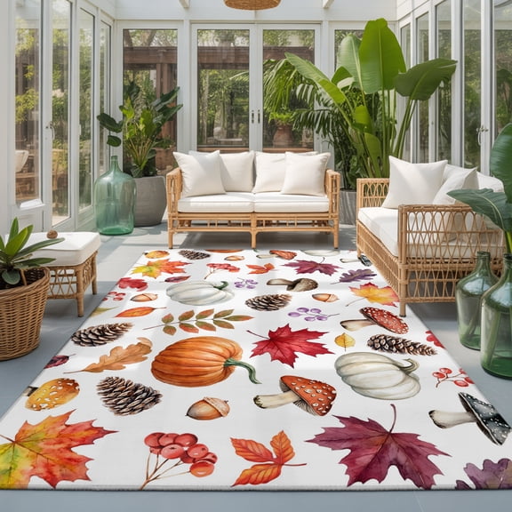Thanksgiving 9'x12' Area Rugs for Living Room Sectional Sofa, Fall Harvest Pumpkin Maple Leaf Mushroom Pinecone Berry Washable Sturdy Non Slip Soft Sturdy Rectangle Home Area Rug