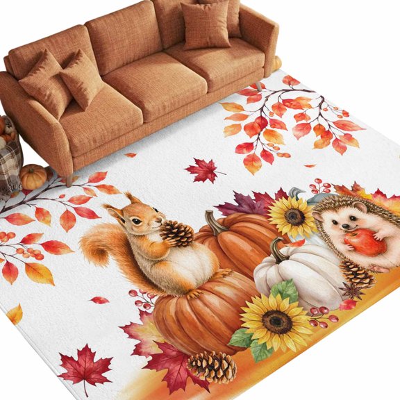 Thanksgiving 9'x12' Area Rugs for Living Room Sectional Sofa, Fall Sitting Squirrel Hedgehog Orange Pumpkins Floower Washable Sturdy Non Slip Soft Sturdy Rectangle Home Area Rug