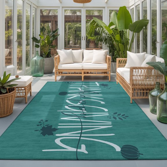 Thanksgiving 9'x12' Area Rugs for Living Room Sectional Sofa, Happy Thanksgiving Script Green Backdrop Pumpkin Leaf Washable Sturdy Non Slip Soft Sturdy Rectangle Home Area Rug