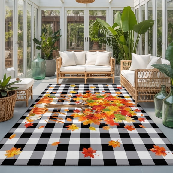 Thanksgiving 9'x12' Area Rugs for Living Room Sectional Sofa, Hello Fall Orange Maple Tree Pumpkin Black White Plaid Washable Sturdy Non Slip Soft Sturdy Rectangle Home Area Rug