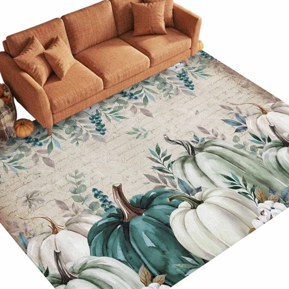 Thanksgiving 9'x12' Large Area Rugs Rustic Fall Green White Pumpkin Leaf Script Letter Washable Area Rugs Non-Slip Indoor Floor Mats for Villa Parlour, Hotel Lounge, Recreation Room