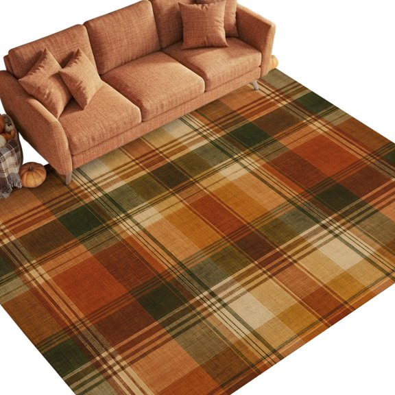 Thanksgiving 9'x12' Large Area Rugs Terracotta Orange Plaid Chocolate Brown Grid Vintage Washable Area Rugs Non-Slip Indoor Floor Mats for Villa Parlour, Hotel Lounge, Recreation Room