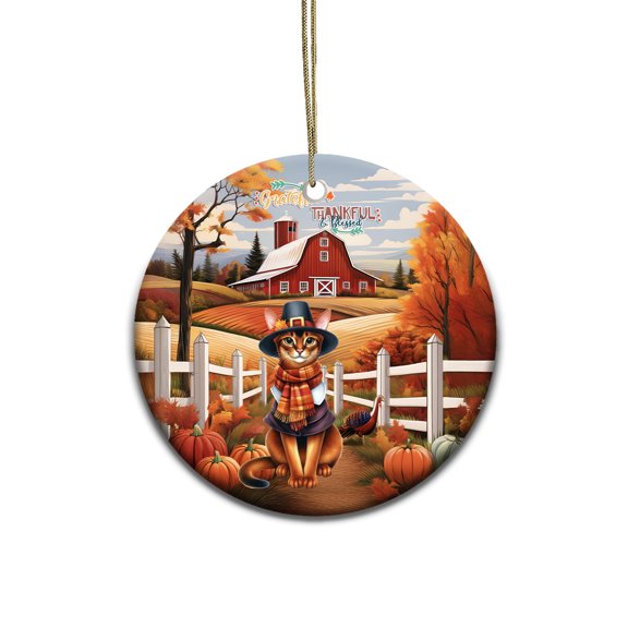 Thanksgiving Abyssinian Pilgrim Grateful, Thankful, Blessed Fall Welcome Ceramic Round Ornament Cat Lover Kitten Owner Gifts Home Tree Decor - 00021