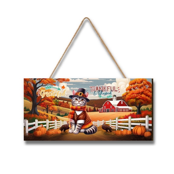 Thanksgiving American Shorthair Pilgrim Grateful, Thankful, Blessed Fall Welcome Landscape Wood Sign Cat Lover Kitten Owner Gifts Hanging Wall Home Decor - 00021