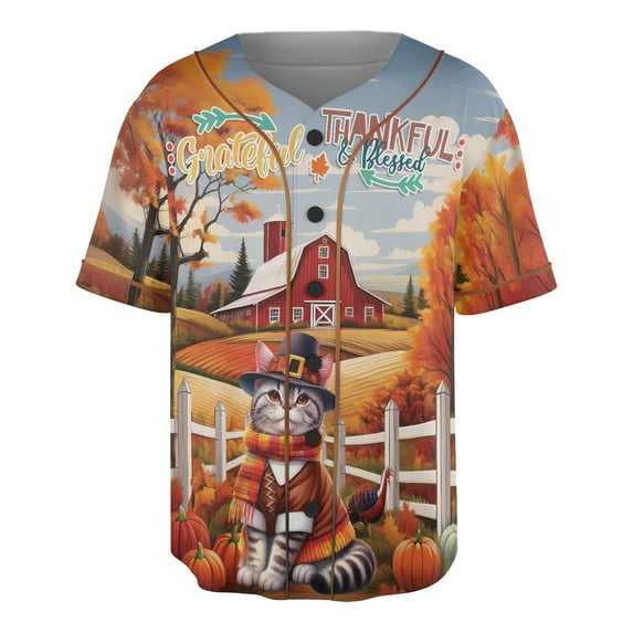 Thanksgiving American Shorthair Pilgrim Grateful, Thankful, Blessed Fall Welcome All Over Print 3D Baseball Shirt Cat Lover Kitten Owner Gifts Softball Sport - 00021