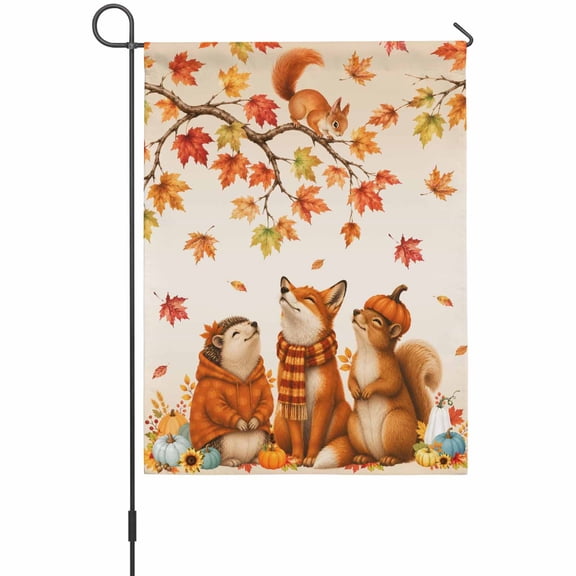 Thanksgiving Animals Garden Flag 12 x 18 Inches, Fall Cute Foxes Chipmunk Trio Squirrel Maple Weather Proof Outdoor Patio Flags Double Sided Small Garden Decoration for Yard Outside Home