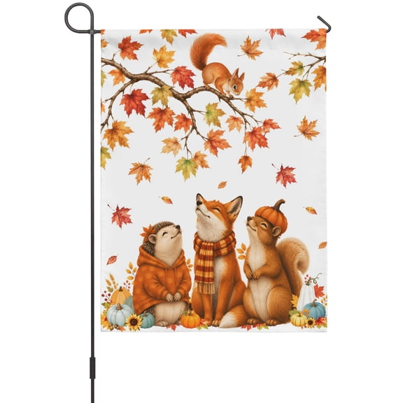 Thanksgiving Animals Garden Flag 12 x 18 Inches, Fall Cute Foxes Chipmunk Trio Squirrel Tree Weather Proof Outdoor Patio Flags Double Sided Small Garden Decoration for Yard Outside Home