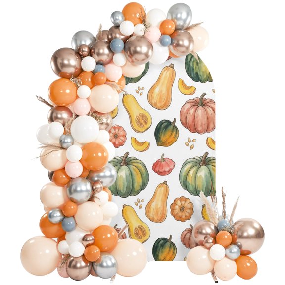Thanksgiving Arch Backdrop Cover 4 FT, Fall Plant Cartoon Green Orange Red Pumpkins Wedding Arch Cover Stretchy Backdrop Stands Covers for Birthday Party Ceremony Banquet Decor