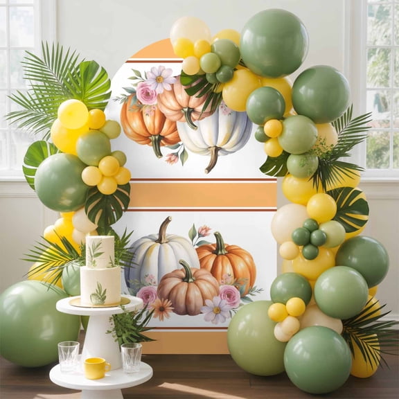 Thanksgiving Arch Backdrop Cover, 5FT, Fall Watercolor Pumpkin Flowers Leaves Spandex Arch Covers Double-Sided Backdrop for Wedding Birthday Party Photo Background Decoration