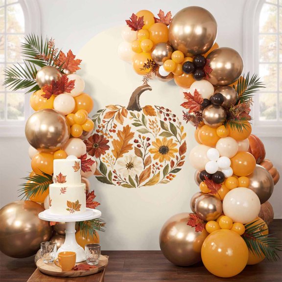 Thanksgiving Arch Backdrop Cover 6.6FT, Fall Abstract Leaves Pumpkin Autumn Rustic Spandex Fitted Stretchy Arch Stand Covers, Round Top Chiara Backdrop Cover for Wedding Party Birthday Baby Shower