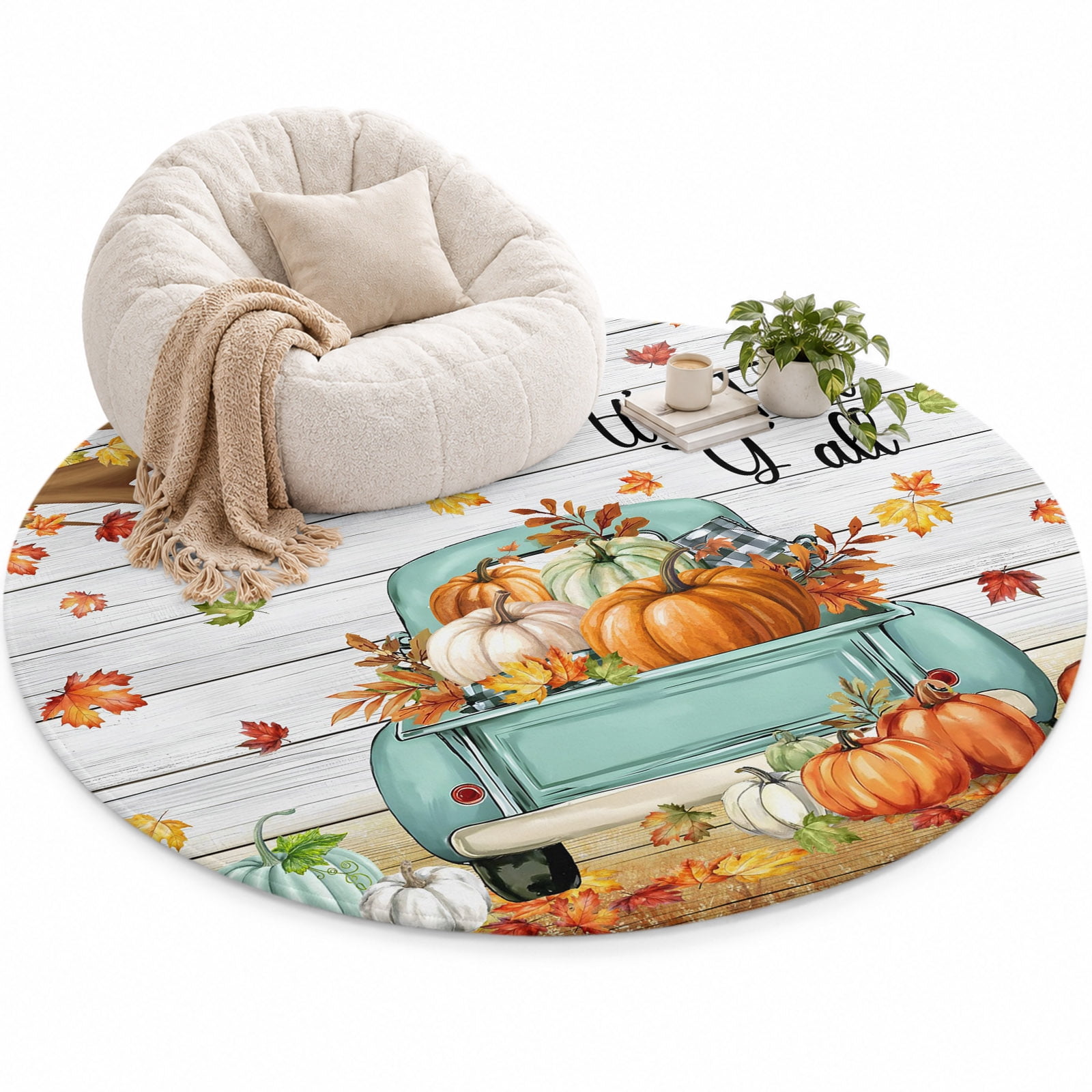 Thanksgiving Area Rug 5', Fall Maple Leaf Car Pumpkin White Wood Grain ...