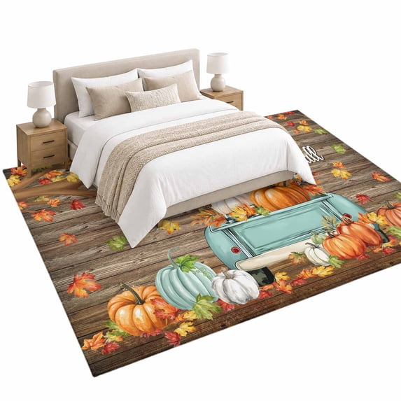 Thanksgiving Area Rug 6'x9', Fall Maple Leaf Car Pumpkin Brown Wood ...