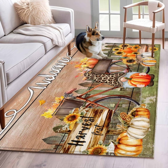 Thanksgiving Area Rugs 2.7'x5', Washable Small Throw Rugs for Kitchen Bedroom, Country Fall Gnomes Pumpkin Sunflowers Wooden Indoor Outdoor Rug Non-Slip Low Pile Carpet Runner Reversible Floor Mats