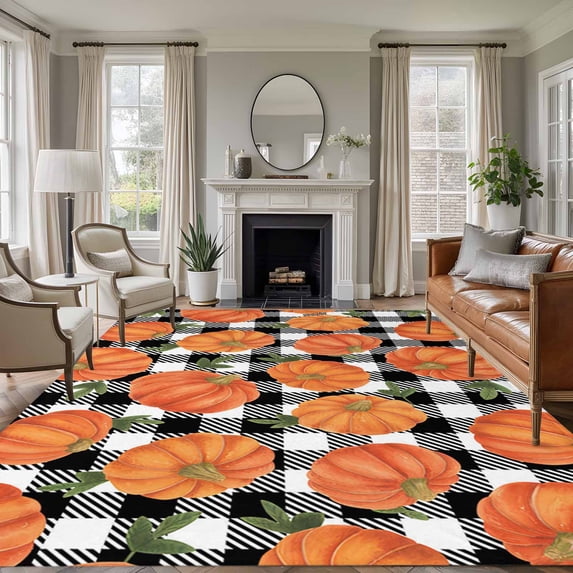 Thanksgiving Area Rugs 6'x9', Washable Small Throw Rugs for Kitchen Dining room, Fall Orange Pumpkin Black White Plaid Indoor Outdoor Rug Non-Slip Low Pile Carpet Runner Reversible Floor Mats