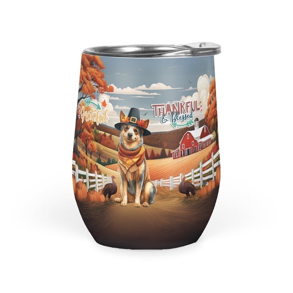 Thanksgiving Australian Cattle Dog Pilgrim Grateful, Thankful, Blessed Fall Welcome 12oz Stainless Steel Wine Tumbler Insulated Cup with Lid Heeler Lover Gifts - 00021