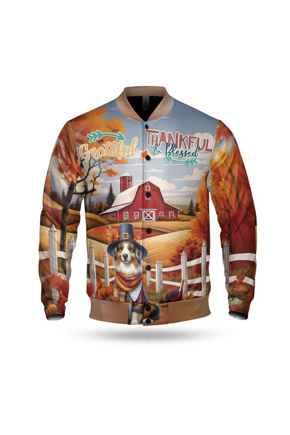 Thanksgiving Australian Shepherd Pilgrim Grateful, Thankful, Blessed Fall Welcome All Over Print 3D Baseball Jacket Aussie Dog Lover Gifts Bomber Jacket Softball - 00021