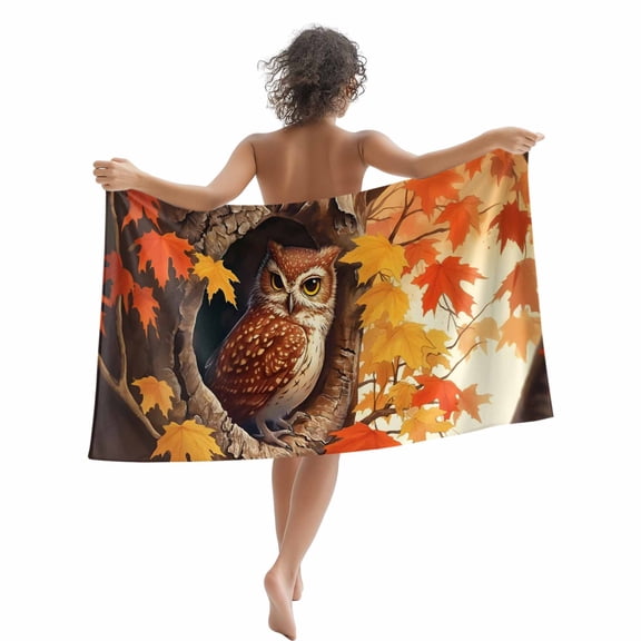 Thanksgiving Autumn Beach Towels Blanket Soft&Absorbent Quick Dry Microfiber Red Maple Leaves Owl Pool Towels for Swimming ,Yoga, Sports, Gym, Camping,Large 30X60in, Fire Orange
