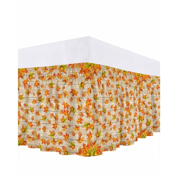 Thanksgiving Autumn Bed Skirt Queen Size 16 Inch Drop, Orange Maple Leaf Farmhouse Wood Grain Wrap Around Dust Ruffle Bedskirts, Wrinkle & Fade Resistant Easy Fit Bedskirt with Adjustable Elastic