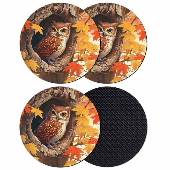 Thanksgiving Autumn Coasters for Drinks,Absorbent Non Slip Rubber Drink Coasters Set of 4 for Cup,Table,Bar,Home Decor, Red Maple Leaves Owl Fire Orange
