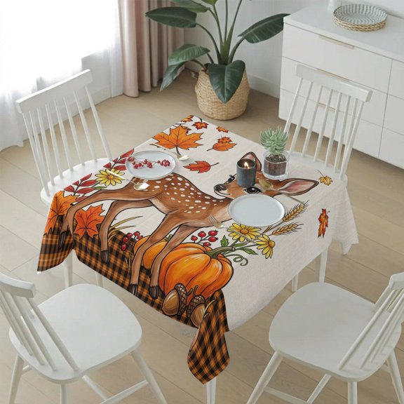 Thanksgiving Autumn Deer Table Cloth 54x54in, Waterproof Square Tablecloth Wipeable Tablecloths Farm Pumpkins Wheat Leaves Table Covers for Dining Tables Party Indoor Outdoor
