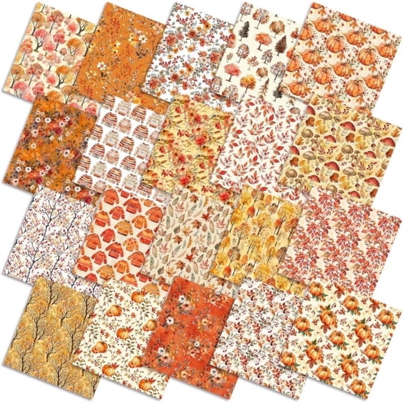 Thanksgiving Autumn Fabric Bundle - 50 Precut Squares, 20 Pumpkin Patterns, Cotton-Poly, Pre-Washed, for Quilting, Sewing, Blankets, Cushions, Scrapbooking, DIY