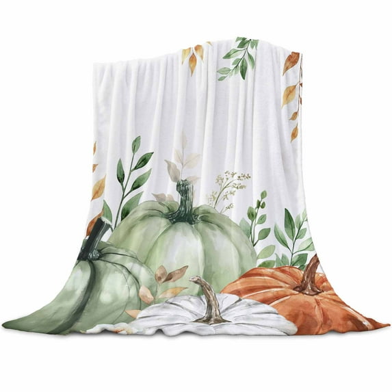 Thanksgiving Autumn Flannel Blanket for Bed,Travel and Camping, Fall Leaves Sage Green Orange White Pumpkins Super Soft Cozy Blanket for All Seasons 40"x50"