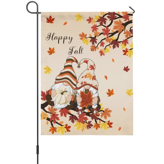 Thanksgiving Autumn Garden Flag 12 x 18 Inches, Gnome Maple Leaf Orange Red Retro Ombre Weather Proof Outdoor Patio Flags Double Sided Small Garden Decoration for Yard Outside Home