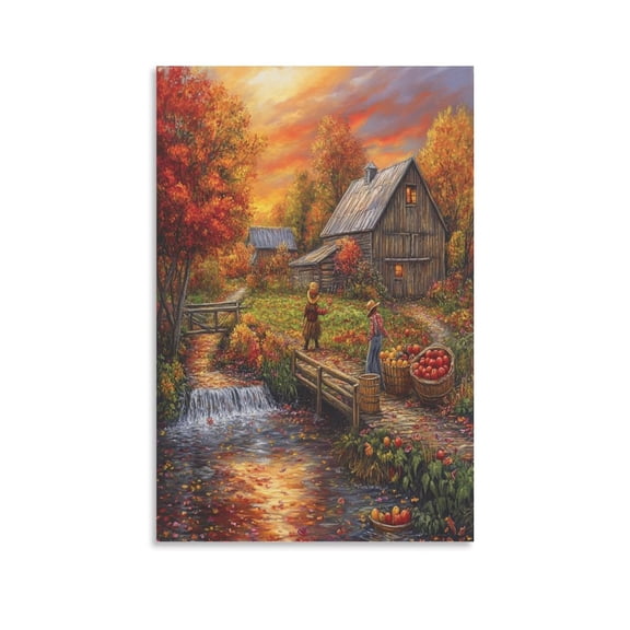 Thanksgiving Autumn Halloween Living Room Art 8x12inch Canvas Prints Autumn Cabin Fall Forest Lake Tree Leaves Scarecrow Wall Art for Bathroom Wedding Housewarming Gifts For Home Decoration