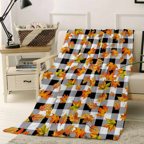 Thanksgiving Autumn Orange Maple Leaf Farmhouse Buffalo Plaid Throw Flannel Blanket 40x50In Super Soft Cozy Bed Blanket, Lightweight Plush Fuzzy Bed Throw for Bedroom Sofa Couch Living Room