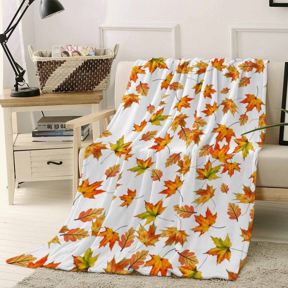 Thanksgiving Autumn Orange Maple Leaf Farmhouse Throw Flannel Blanket 40x50In Super Soft Cozy Bed Blanket, Lightweight Plush Fuzzy Bed Throw for Bedroom Sofa Couch Living Room