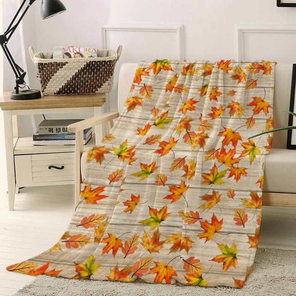 Thanksgiving Autumn Orange Maple Leaf Farmhouse Wood Grain Throw Flannel Blanket 40x50In Super Soft Cozy Bed Blanket, Lightweight Plush Fuzzy Bed Throw for Bedroom Sofa Couch Living Room