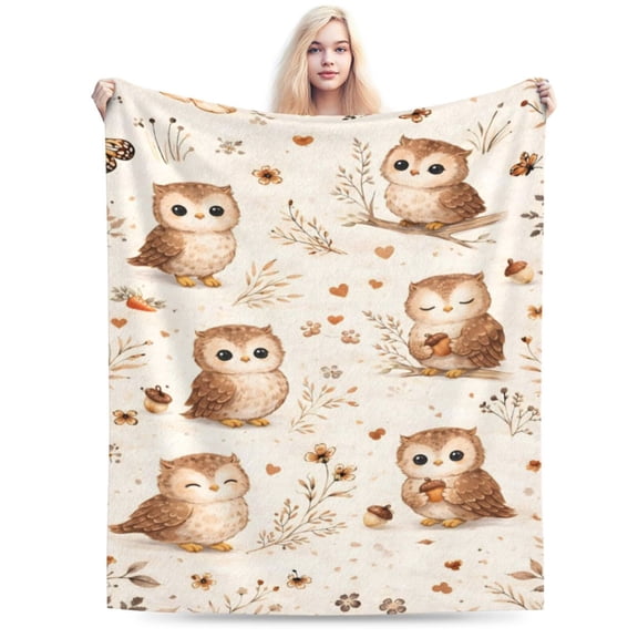 Thanksgiving Autumn Owl Blanket Fall Woodland Throw Soft Flannel Fleece Cozy Acorn Forest Animal Design Rustic Home Decor Gift for Women Adults 60x50