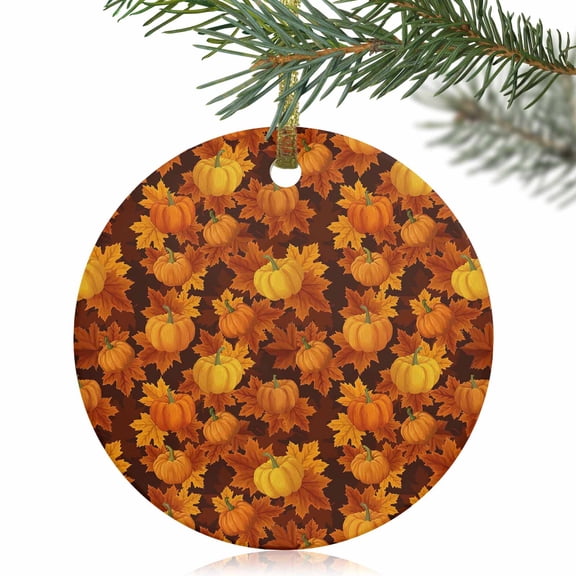 Thanksgiving Autumn Pumpkin Maple Leaves Christmas Ceramic Ornament 2025,3" Round Xmas Tree Hanging Accessories with Gold Ribbon,Seamless Plant Pendant Ornaments for Holiday Gift Home Party Decor