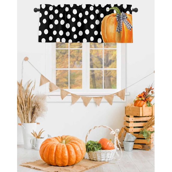 Thanksgiving Autumn Pumpkins Valances Curtain for Kitchen Cafe,Farm Harvest Window Valance Short Curtains 54"x 18" Rod Pocket Windows Treatment Drape for Bathroom Living Room Bedroom Wave Point Black
