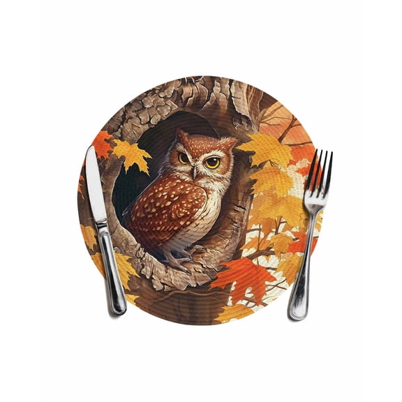 Thanksgiving Autumn Round Table Placemats 1 pc, Red Maple Leaves Owl Washable Woven Place Mats for Dining Tables Kitchen Party Decor,Heat Proof, 13in, Fire Orange