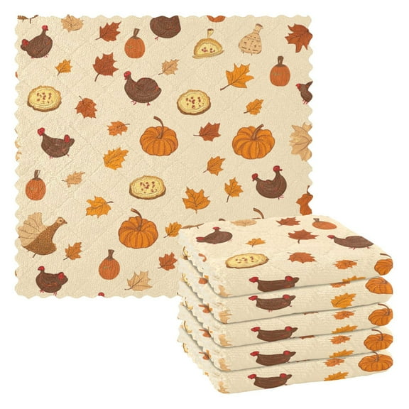Thanksgiving Autumn Theme 6 Pack Kitchen Cleaning Cloths 11'' x 11'', Super Absorbent, Soft Double Layer Plush for Dish and Surface Cleaning