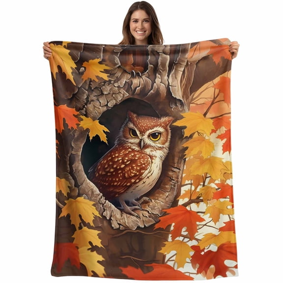 Thanksgiving Autumn Throw Blankets, Red Maple Leaves Owl Soft Fleece Blanket Decorative for Home Sofa Couch Chair Living Bedroom, 50x60 inches, Fire Orange