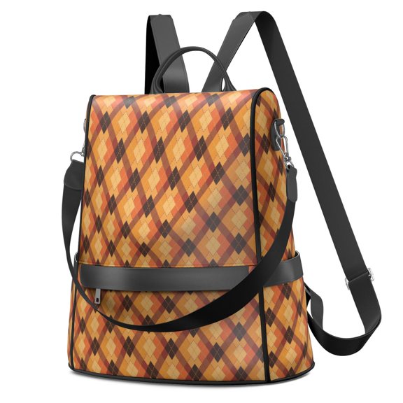 Thanksgiving Autumn Tone Argyle Pattern Fashion Backpack, Fashion Handbag Backpack with Side Bottle Pockets & Convertible Strap, Large Capacity Gifts for Birthday Christmas Thanksgiving