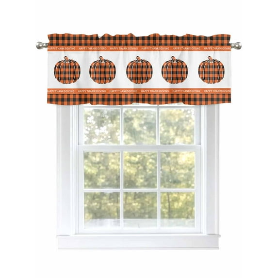 Thanksgiving Autumn Valances for Windows Pumpkin Orange Black Plaid Kitchen Valance Curtain Rod Pocket Small Curtains for Cafe Bathroom Laundry Basement 60" x 18"