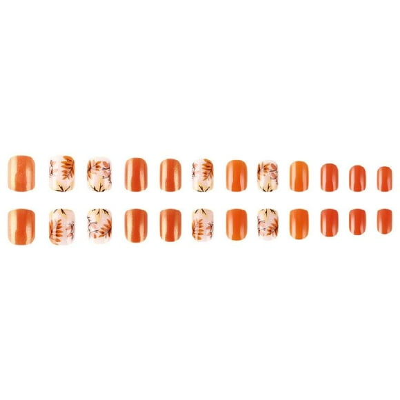 Fall Press on Nails Short Square Maple Leaves False Nails Fall Glitters French Tip Stick on Nails Pumpkin Designs