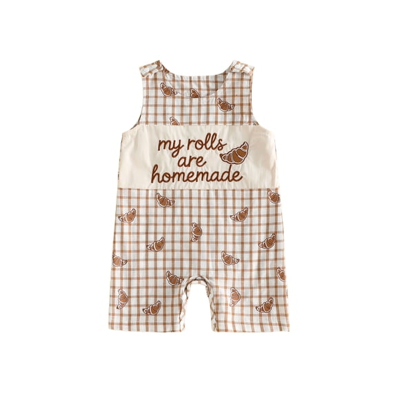 Thanksgiving Baby Boy Outfit Newborn Croissant Letter Sleeveless Tank Romper Plaid Smocked Jumpsuit Overalls Cute Fall Clothes