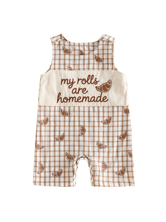 Thanksgiving Baby Boy Outfit Newborn Croissant Letter Sleeveless Tank Romper Plaid Smocked Jumpsuit Overalls Cute Fall Clothes