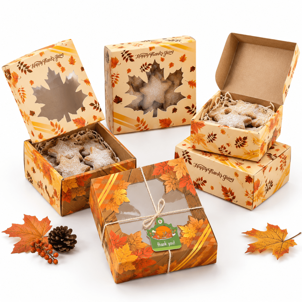 Thanksgiving Bakery Box With Window 60packs 6x6x3 Leaves Cookie Boxes ...