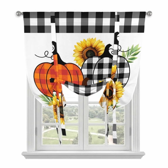 Thanksgiving Balloon Curtains for Living Room/French Door, Fall Orange Black Plaid Pumpkin Sunflower Tie Up Curtains 63 Inch Length Energy Saving Kitchen Curtains Shades for Windows 42"x63"