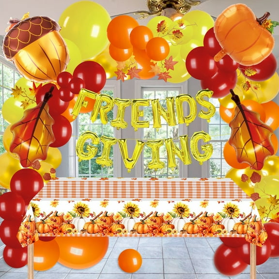 Thanksgiving Balloons Garland Arch Kit Friendsgiving Party Decorations Friendsgiving Balloon Banner Disposable Tablecloth Pumpkin Maple Leaf Balloons for Happy Thanksgiving Day Fall Party Supplies