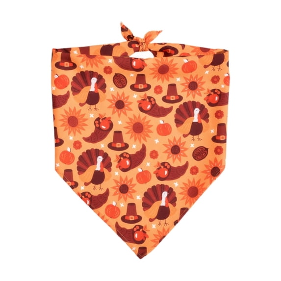 Thanksgiving Bandana for Dogs and Cats with Tie-On Design, 1-Pack, Orange Turkey and Pumpkin Print, Fall Pet Apparel Accessory